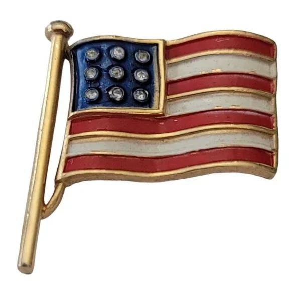 Trifari Red White Blue Enamel Clear Rhinestone US Flag Brooch Pin, Signed E711